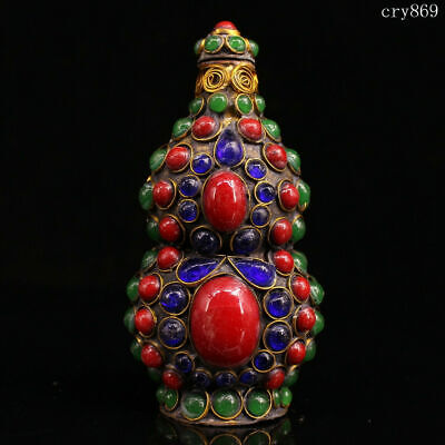 4.4 Collection China Old Antique Pure Copper Inlaid With Gems Snuff Bottle • 69£