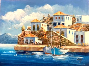 Original Oil Painting Of Greek Island Greece (16"X12") BH238 - Picture 1 of 1