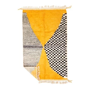 Moroccan Handmade Beni Ourain Rug 5x8 ft Berber Patchwork Mustard Wool Carpet - Picture 1 of 12