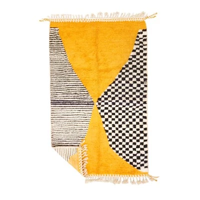 Moroccan Handmade Beni Ourain Rug 5x8 ft Berber Patchwork Mustard Wool Carpet - Image 1 of 4