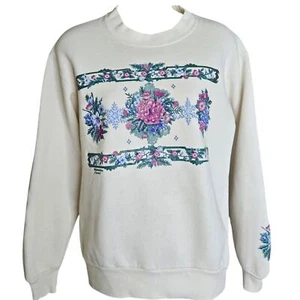 Jerzees Womens Floral Sweatshirt Size Small Retro Sleeve Accent Grandmacore - Picture 1 of 6