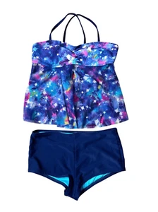 Wonder Nation Deep Cobalt Galaxy Mesh Swimsuit 2pc Swimwear Blue LARGE (10-12) - Picture 1 of 12