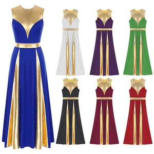 Damen Kleid Rundhals Kleider unsichtbar Tanzkleidung Farbblock Maxikleid Morgenmantel - Bild 1 von 52