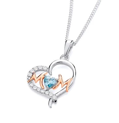 925 Sterling Silver & Rose Gold Blue Topaz Cz MUM Heart Pendant Necklace + Chain - Image 1 of 4