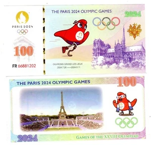 FRANCE BILLET 100 COMMEMORATIVE JEUX PARIS 2024 OLYMPIQUE GAMES MASCOT +UV LIGHT - Imagen 1 de 2