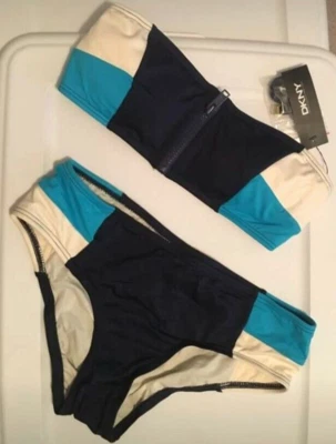 DKNY Donna Karan Blue Teal White Bikini Swimsuit Size S Bandeau Top Strap NWT - Image 1 of 4