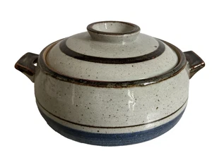 Vintage OTAGIRI Japan Blue Brown Tan Stoneware Round Covered Rice Casserole Dish - Picture 1 of 12