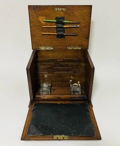 Antique Oak Stationery Cabinet Writing Box Letter Racks with Inkwells and Key - Picture 1 of 13