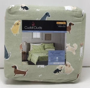 Cuddl Duds Heavyweight Flannel Sheet Set Full Size in Green with Dogs - Picture 1 of 3