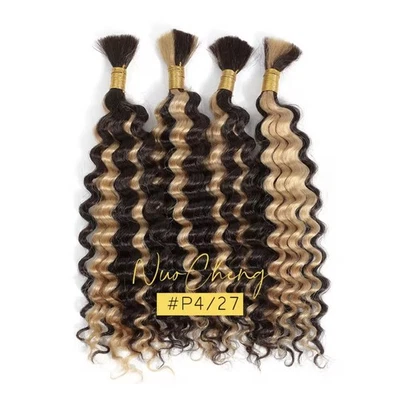 2 Bundles Human Braiding Hair Boho Braids 10A Brazilian high light deepwave  - Image 1 of 4