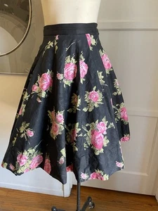 Vintage 1950s 50s Floral Black Pink Roses Cotton Full Skirt Novelty Print Panel - Picture 1 of 8