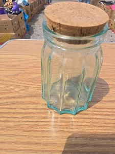 Aqua Glass Container with Cork Lid. Made In Italy. Unique Shape Approx 7 n Tall - Picture 1 of 8