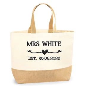 Personalised Beach Bag with Mrs - Large Jute Bag Embroidered Custom Tote, Bride, - Picture 1 of 3