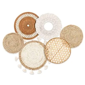 Boho Wall Baskets Decor Set of 6 Flat Woven Basket Wall Hanging Classic Style - Picture 1 of 7