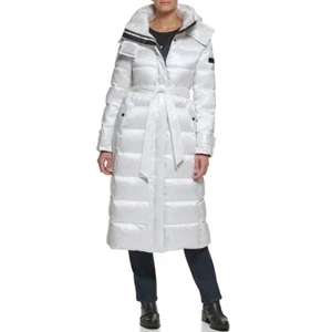 NEW Karl Lagerfeld Paris Contrast Maxi Belted Long PUFFER COAT White - Picture 1 of 9