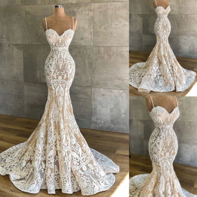 Sexy Champagne Mermaid Wedding Dress Sling Sleeveless Lace Applique Bridal Gowns - Image 1 of 4