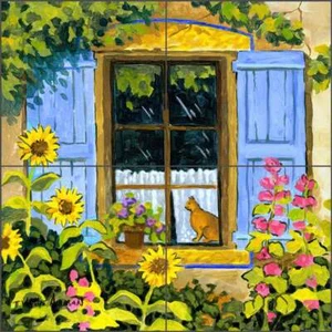 Sunflower Cat Tile Backsplash Robin Wethe Altman Floral Art Ceramic Mural RWA062 - Picture 1 of 7