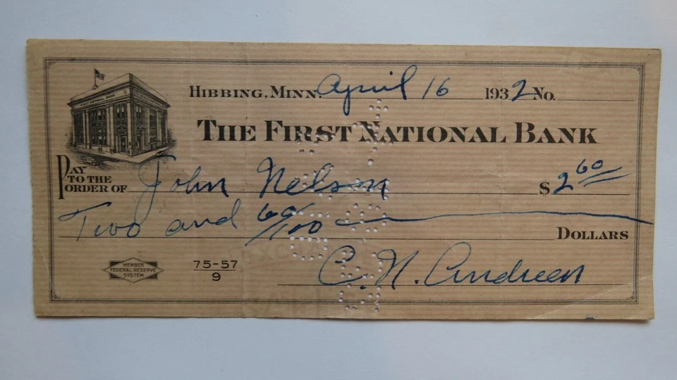 $2.60 1932 Hibbing Minnesota MN Cancelled Check! First National Bank  - Image 1 of 2