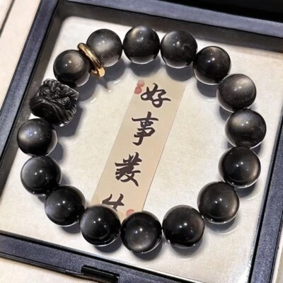 Brazalete de piedra obsidiana león de la suerte negro buen Feng Shui para hombre joyas de riqueza Foto 1 de 4