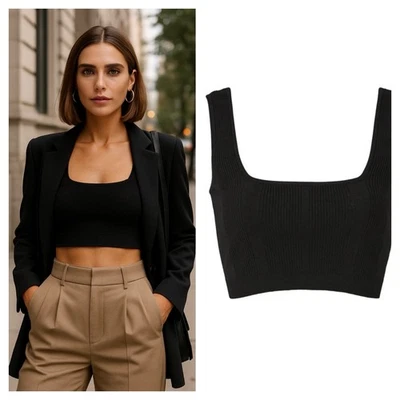 Sujetador Nicole Miller Negro Acanalado Tejido Top Corto Tanque Cuello Cuadrado Sin Mangas Pequeño Foto 1 de 4