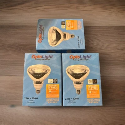 3 Packs Opto Light Floodlight Lamp Bulb CFL 23W=100W 1250 Lumens OP-R38-23W NEW - Image 1 of 2