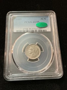 1889 3CN PCGS/CAC AU55 - Three Cent Nickel - Very Low Mintage - Picture 1 of 6