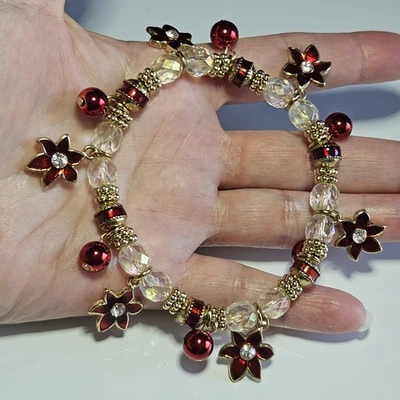 Kenneth Cole Pulsera de Navidad Oro Tne Rojo Poinsettia Vidrio Cuentas Dije Elástico Foto 1 de 4