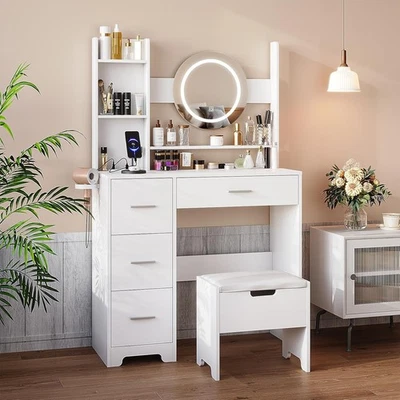 1 Pack White Makeup Vanity with Lights, Adjustable 3 Lighting Modes Makeup Table - Image 1 of 4