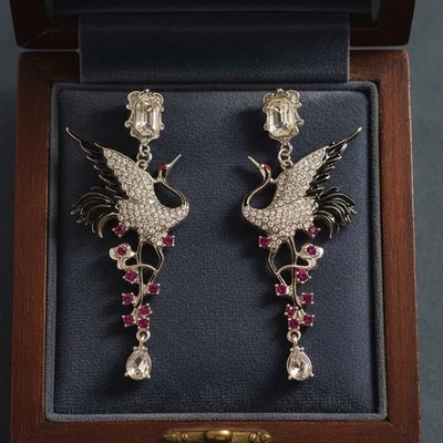 Pendientes de pájaro grúa museo flor de colección palacio plata corte amor boho circonita cúbica Art Deco Foto 1 de 4