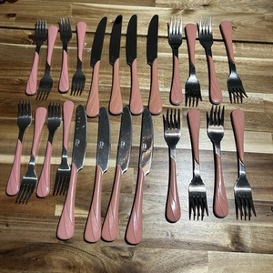 Fiesta Rose Pink Swirl Handle SS Flatware 24 PC 8 Each Forks Knives - Picture 1 of 8
