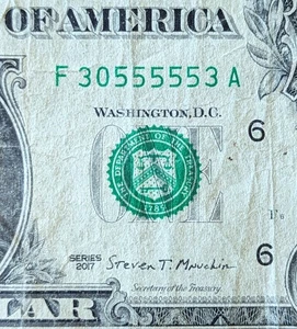 2017 $1 bill fancy serial, trinary five in a row/of a kind 5s, F 30555553 A - Picture 1 of 3