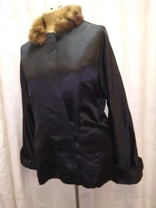 Vintage 1920's Black Rayon Satin Brown Fur Flapper Coat A Siegel Garment Medium - Picture 1 of 7