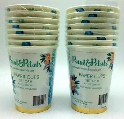 Juego de 2 tazas de papel de impresión azul Pacífico de pintura y pétalos 8 piezas (16 en total) láminas de oro  Foto 1 de 4