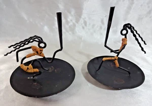 Lonborg Style Mid Century Modern Pair Metal Rattan Tribal Incense Burners 4 1/2" - Picture 1 of 6