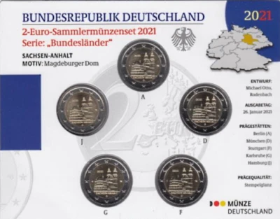 2021 Germany 5 x € 2 Euro BU Coin Set - Sachsen-Anhalt Magdeburg - All 5 Mints - Image 1 of 3