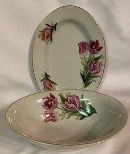 WHEELOCK PEORIA FINE CHINA Purple Tulip 8” Oval PLATTER 7” OVAL BOWL, JAPAN - Picture 1 of 7