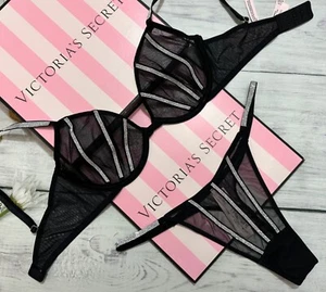 Victoria's Secret Shine Strap Unlined Low-Cut Demi Bra Thong Set Sheer Black - Picture 1 of 5