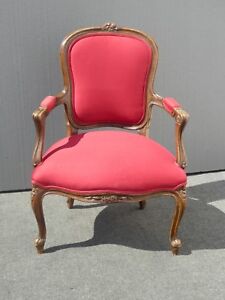 Red Vintage French Provincial Accent Arm Chair Carved Wood Frame