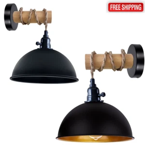 Vintage Wall Light Black Shade Wood Arm Retro Loft Sconce Lamp Fitting Fixture - Picture 1 of 5