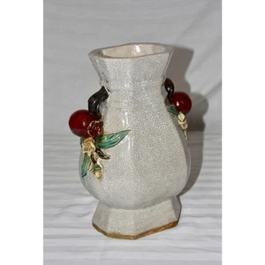 Majolica Chinese Crackle Ceramic Stoneware Vase With Pomegranates Handles - Picture 1 of 11