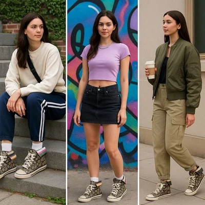 Zapatilla deportiva Coach Bonney para mujer de caña alta de lona beige negra 7 retro Y2K Foto 1 de 4