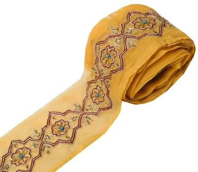 Sushila Vintage Yellow Saree Border Indian Craft Sewing Trim Hand Beaded Ribbon - Image 1 of 4