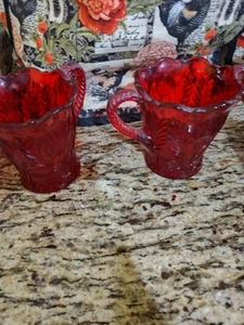 MOSSER GLASS RUBY RED CREAM & SUGAR SET INVERTED THISTLE STYLE VINTAGE - Picture 1 of 9