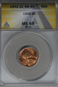 1942  .01  ANACS  MS 65 RED  Lincoln Head Cent, Lincoln One Cent - Picture 1 of 2