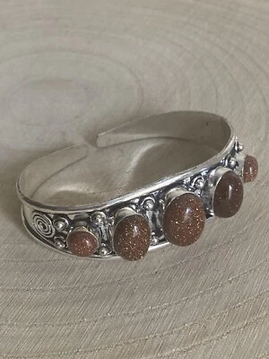 Five Natural Brown Goldstone Gemstone Bracelet Bangle Sterling Silver 925 Plated - Image 1 of 3