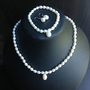 Real Freshwater Pearl Necklace Bracelet Earring Set S925 silver Bridesmaide gift - Picture 1 of 6