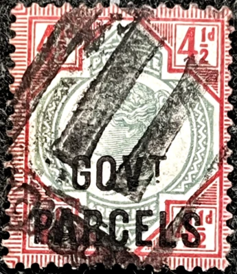 GB QV GOVT PARCELS STAMP SG071 4 1/2D RED/GREEN FINE USED - Image 1 of 2