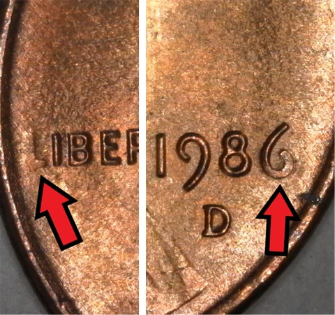 1986-D Denver Lincoln Memorial Penny/Cent Struck Through Grease Error/Variety Cover