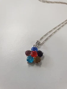 Sterling Silver 925 Multicolour Gemstone Flower Pendant Figaro Link Chain... - Bild 1 von 5