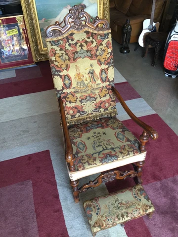 French Walnut Throne Arm Chair Needlepoint Tapestry Late 19 C. Louis XIV Cover